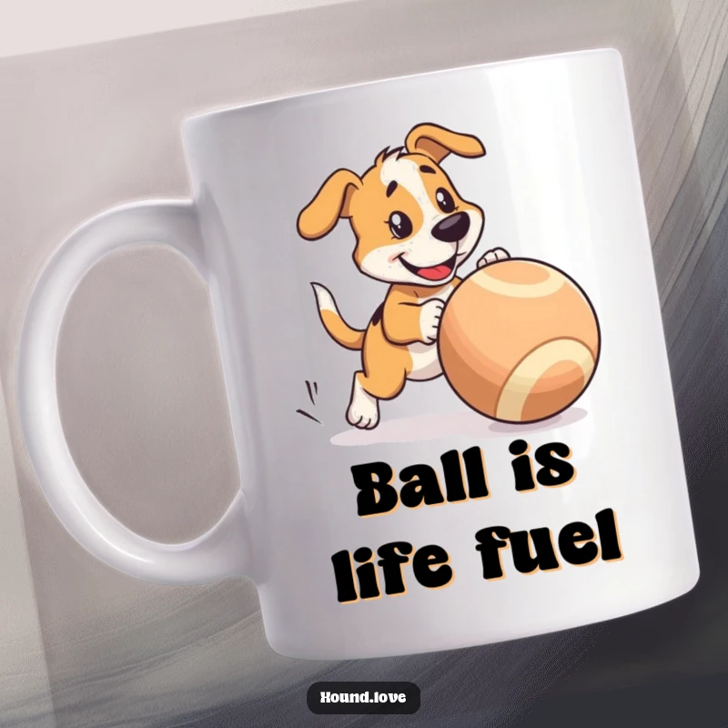 Funny Mug: A hound character playfully pursues a comically large, wobbly ball with sheer determination.