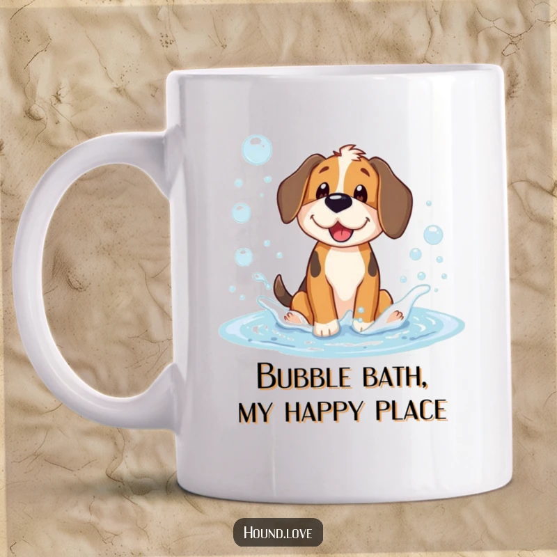 Funny dog mug with a happy hound character joyfully splashing in a vibrant puddle of bubbly water, capturing pure, unadulterated fun.
