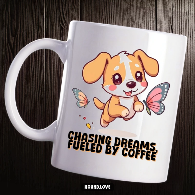 Funny dog mug featuring a happy hound character with bright, twinkling eyes eagerly chasing a delicate butterfly with shimmering, colorful wings.