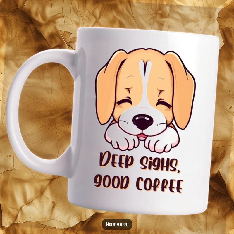 Funny mug illustrating a hound dog resting its chin with a contented sigh, conveying peace and gentle humor.