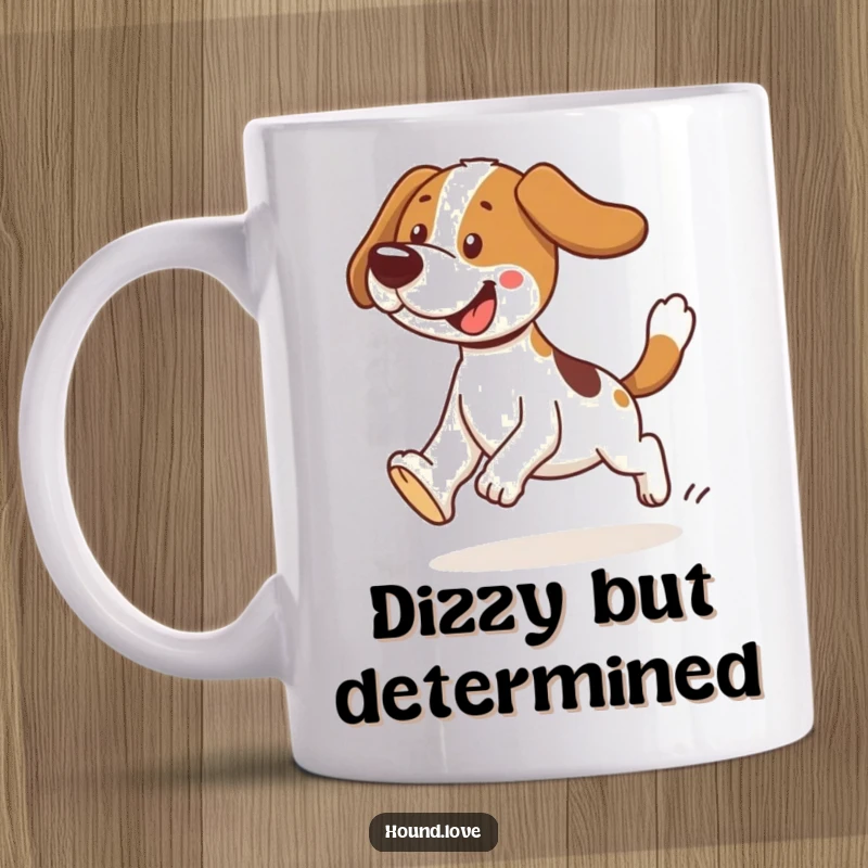 Funny hound character hilariously tripping while chasing its own tail in a comical loop. A humorous mug for dog lovers.