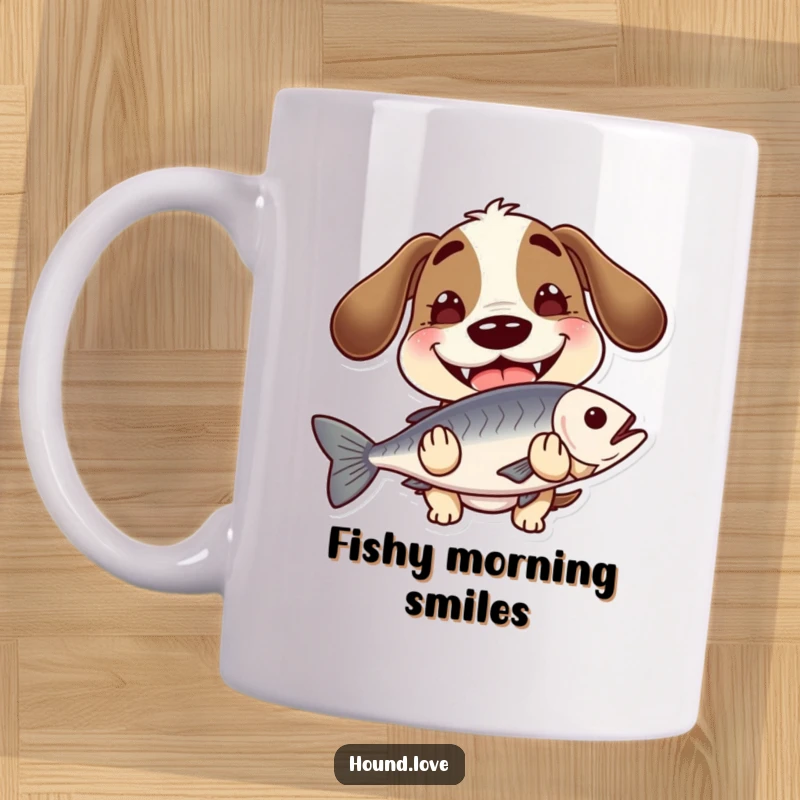 Funny hound with a wide, goofy grin, holding a slippery fish on a mug, embodying playful chaos and humor, great gift.