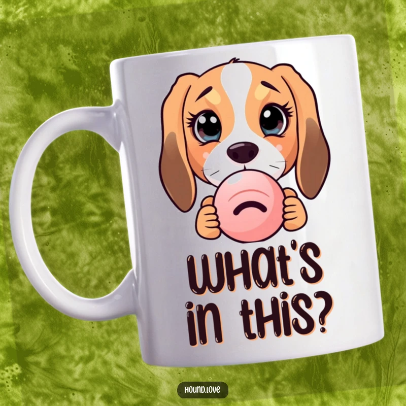 Funny hound dog with huge, curious eyes peeking adorably from behind a squeaky toy on a mug.