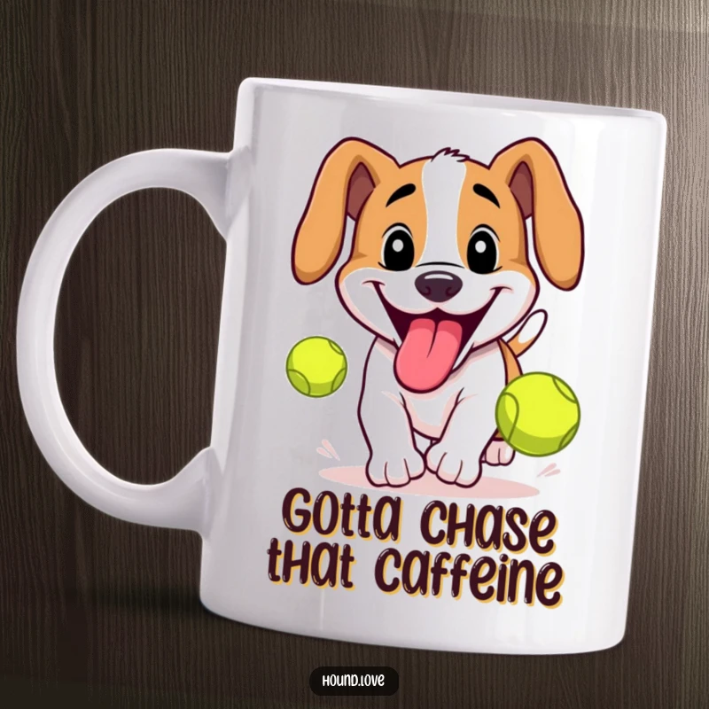 Funny Hound Mug: Happy hound with a big grin and lolling tongue chases a bouncing tennis ball, pure canine fun.