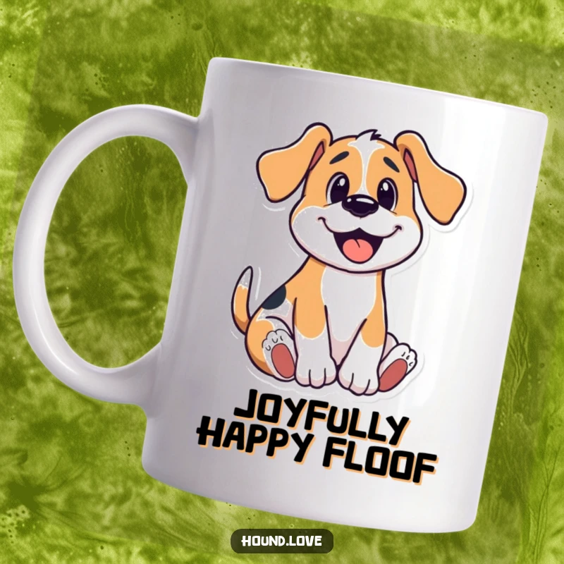 Funny mug illustrating a hound dog joyfully rolling and wriggling, radiating happiness and playful energy.