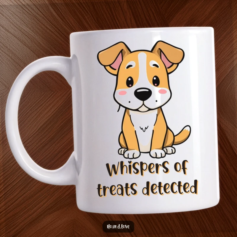 Funny mug featuring a hound dog with perked-up ears, intently listening to secrets, a perfect gift for humor lovers.