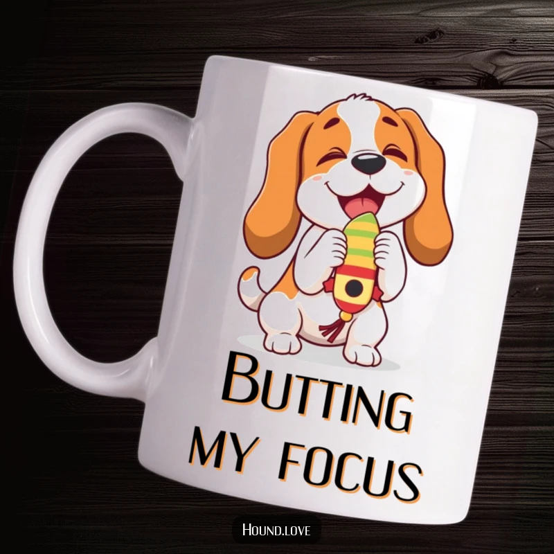 Funny hound character joyfully butting a dangling, wiggling toy, capturing pure playfulness on this mug.