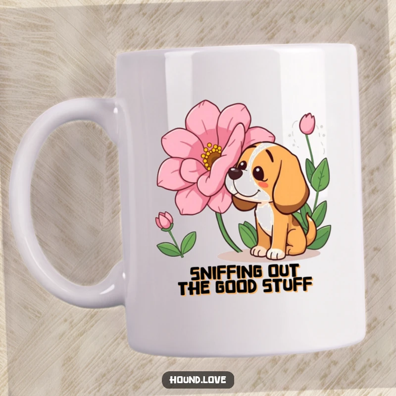 Funny Mug: A hound with a happy droop curiously sniffing a giant, fragrant flower, showcasing pure olfactory delight and gentle humor.