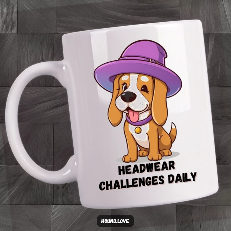 Funny Mug: A hound comically straining to put on an oversized, colorful hat, showcasing a funny fashion disaster and pure doggy determination.