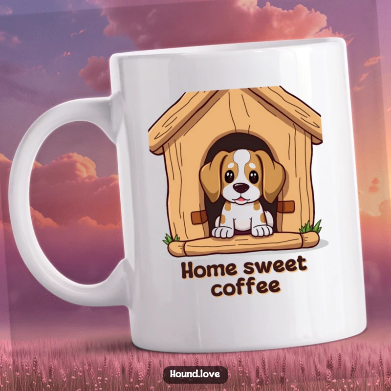 Funny Mug: A hound character peeks curiously from inside an overwhelmingly gigantic dog house, full of wonder.