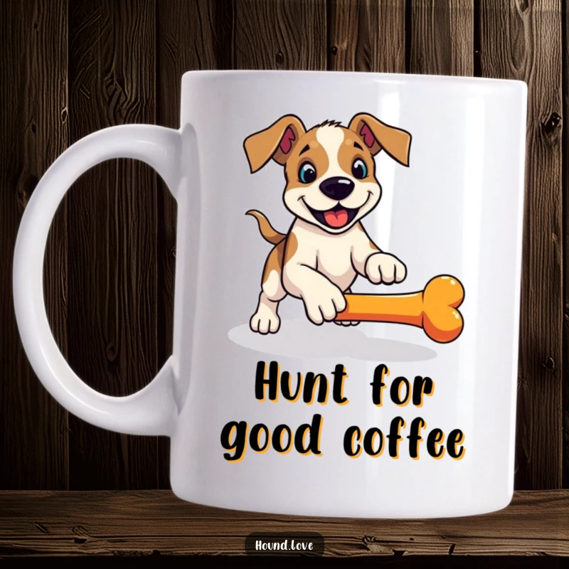Funny hound mug, a playful dog in a pounce ready to fetch a rolling bone, action-packed and humorous.
