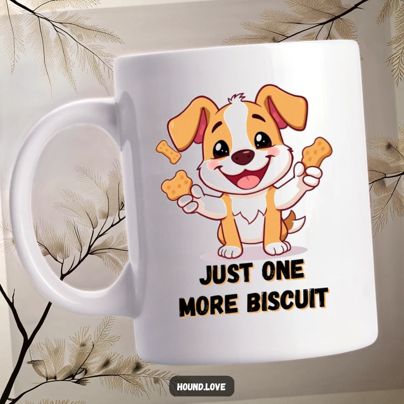 Funny mug shows a happy dog juggling big dog biscuits, grinning widely, perfect for pet lovers and humor enthusiasts.