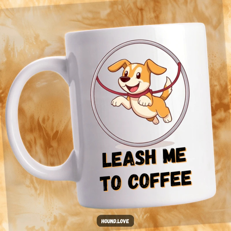 Funny hound character energetically leaping through a giant hoop made from its own leash, celebrating canine joy on this mug.
