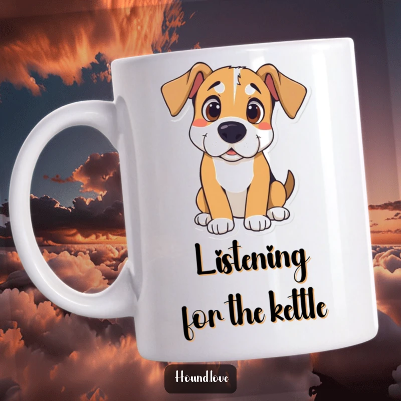 Funny Hound Mug: Curious hound with wide eyes and cocked head listens intently, capturing adorable canine curiosity.