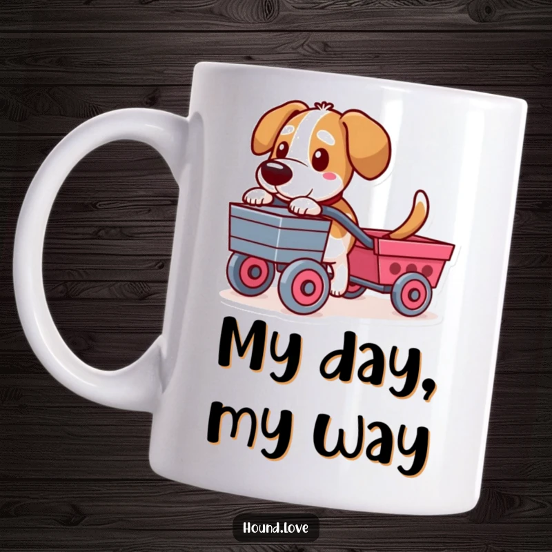 Funny mug showcasing a determined hound character with a strong stance, pulling a small toy cart with focus.