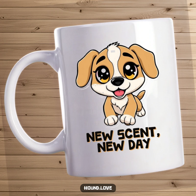 Funny Mug: A hound dog with huge, sparkling eyes leaps excitedly towards an unseen scent.