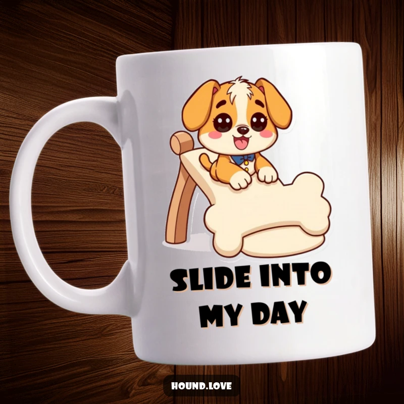 Funny hound mug depicting a giddy dog character joyfully sliding down a wiggly, bone-shaped slide, full of playful excitement.