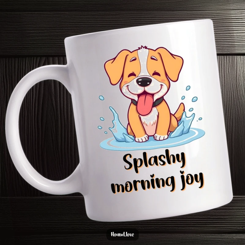 Funny hound mug, a goofy dog panting with tongue out, enjoying a refreshing cool water splash, humorous and joyful.