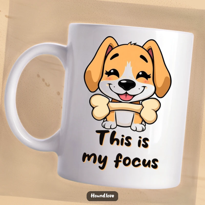 Funny mug featuring a hound with a goofy grin hilariously trying to balance a bone on its nose, capturing canine charm.