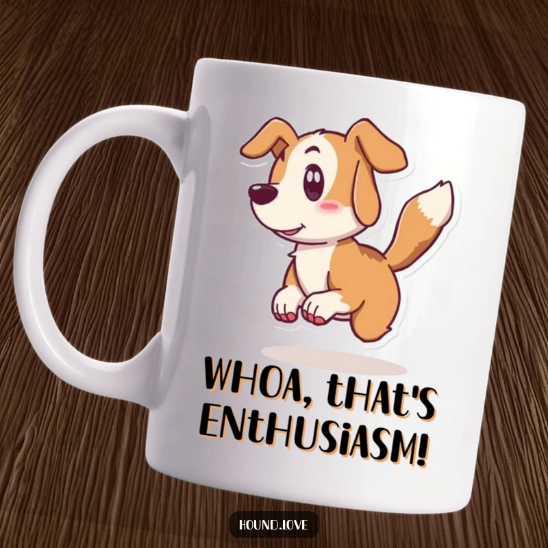 Funny hound mug showing a surprised dog leaping back from its own furiously wagging tail, capturing chaotic canine energy.