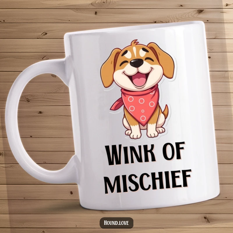 Funny hound mug showing a delighted dog character winking playfully while wearing an enormous, silly bandana, full of personality.