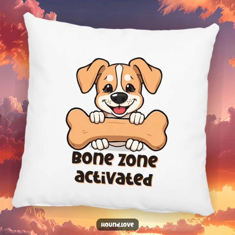 Funny Pillow featuring a mischievous hound peeking from behind a large bone, embodying playful canine antics.