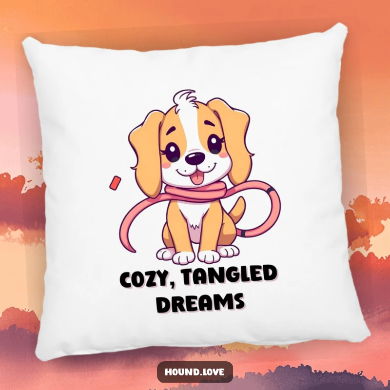 Funny hound character playfully tangled in a flowing ribbon, depicted humorously on this soft and cozy pillow.