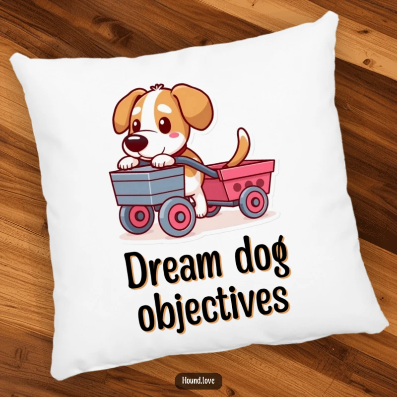 Funny pillow featuring a determined hound character pulling a toy cart, offering comfort and humorous canine charm.