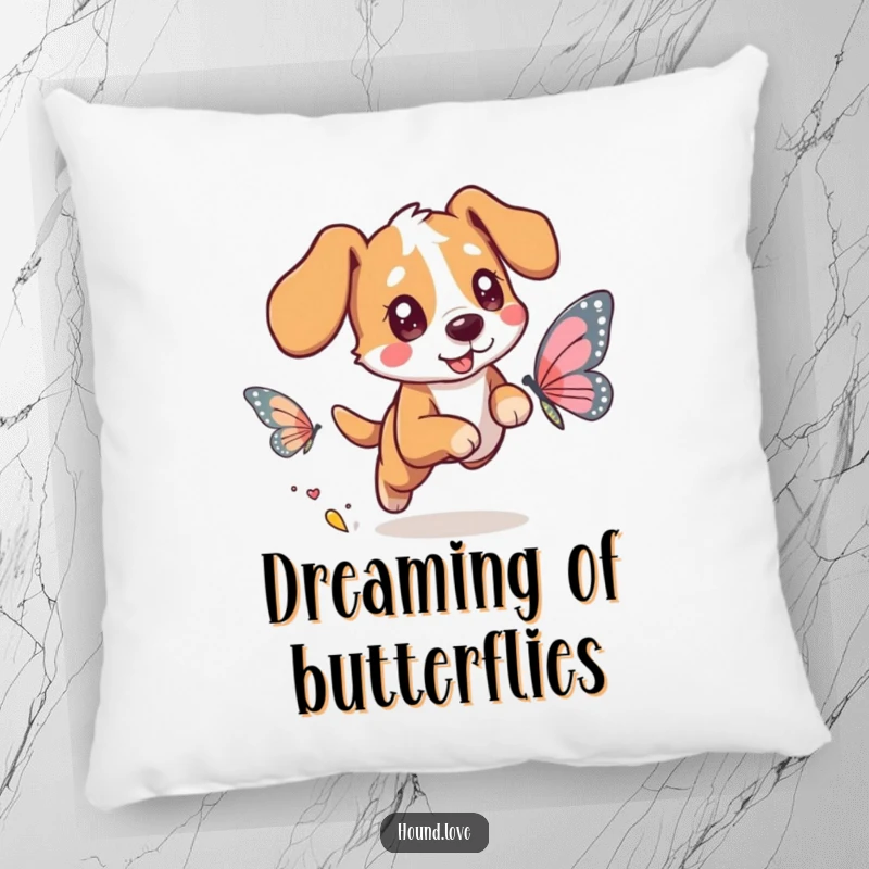 Funny pillow design featuring an adorable hound dog character with bright eyes chasing a delicate butterfly with shimmering, iridescent wings, adding charm.