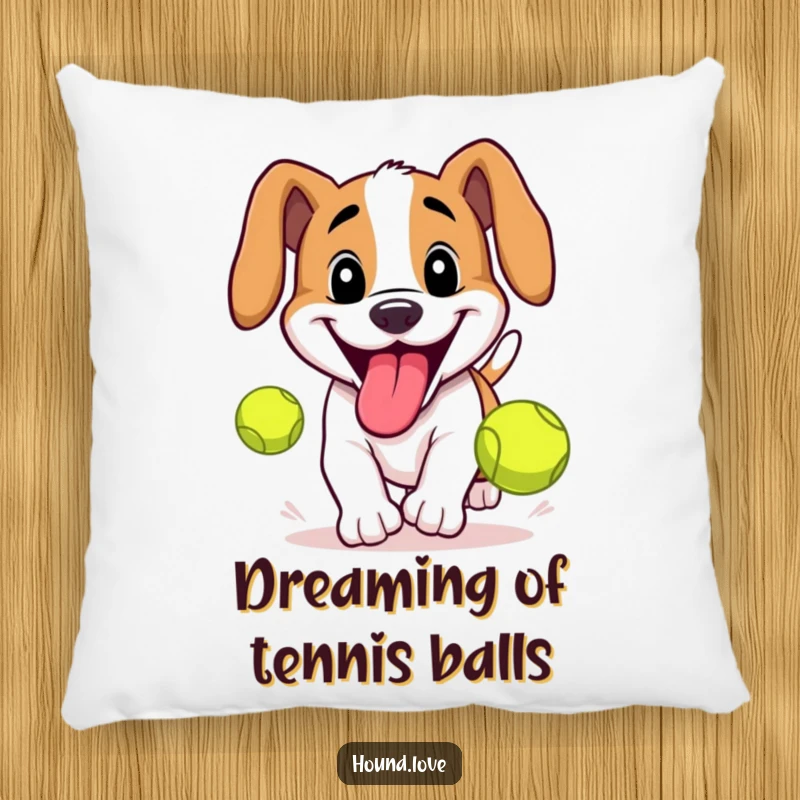 Funny Hound Pillow: Grinning hound chasing a tennis ball, offering comfort and humor, a delightful home accent.