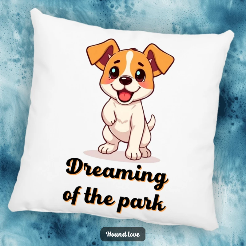 Funny Pillow: A plush cushion featuring a joyful hound, ears perked and ready for a game of fetch, adding humor.