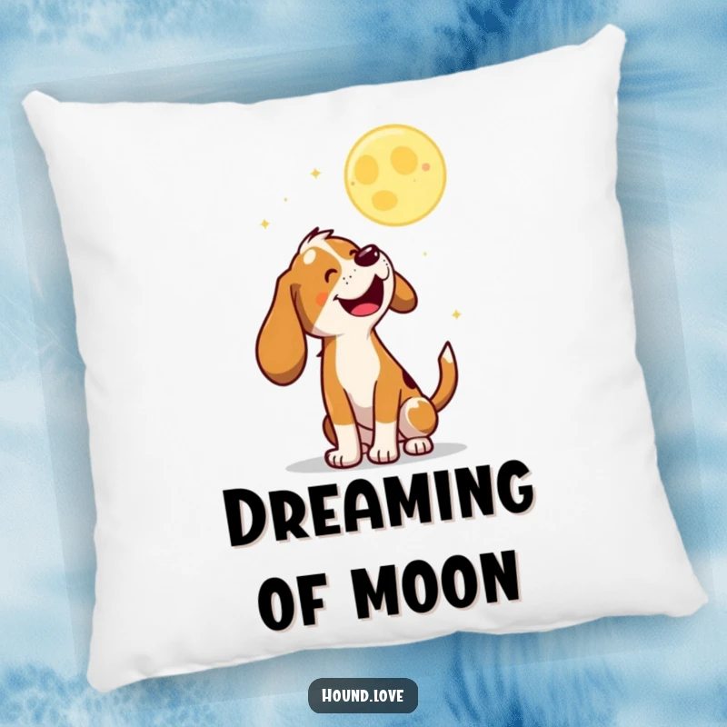 Funny Pillow showing a joyful hound character baying at a playful, bouncing moon, adding a cozy touch.