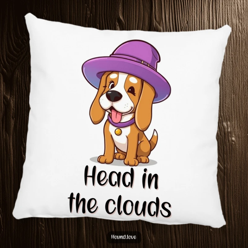 Funny Pillow: A dog character comically attempting to wear an oversized hat, a soft and funny addition to any cozy space.