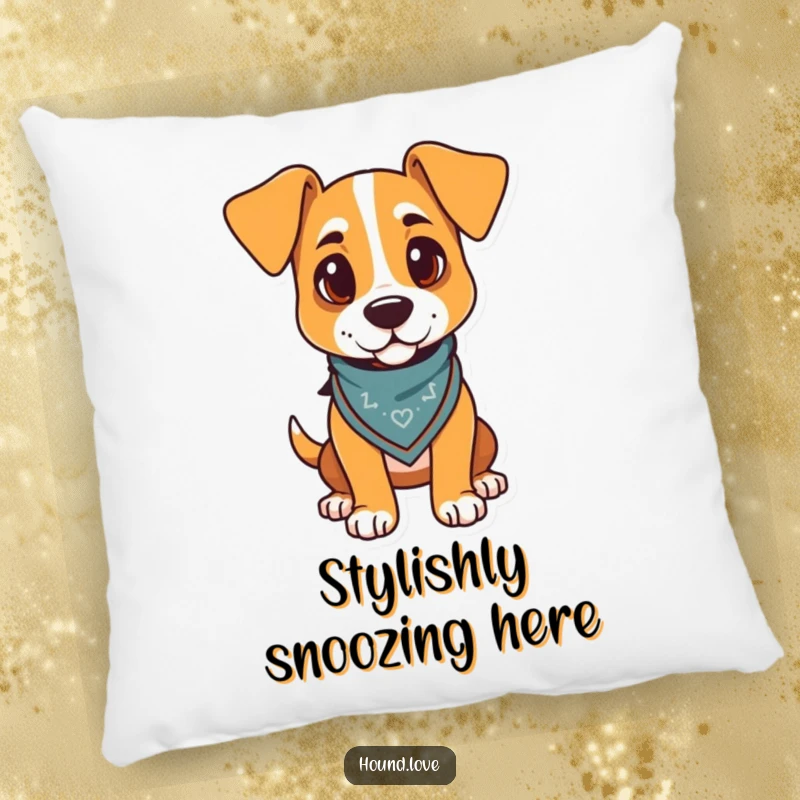 Funny decorative pillow with a proud hound wearing a jaunty bandana, offering comfort and a humorous touch.