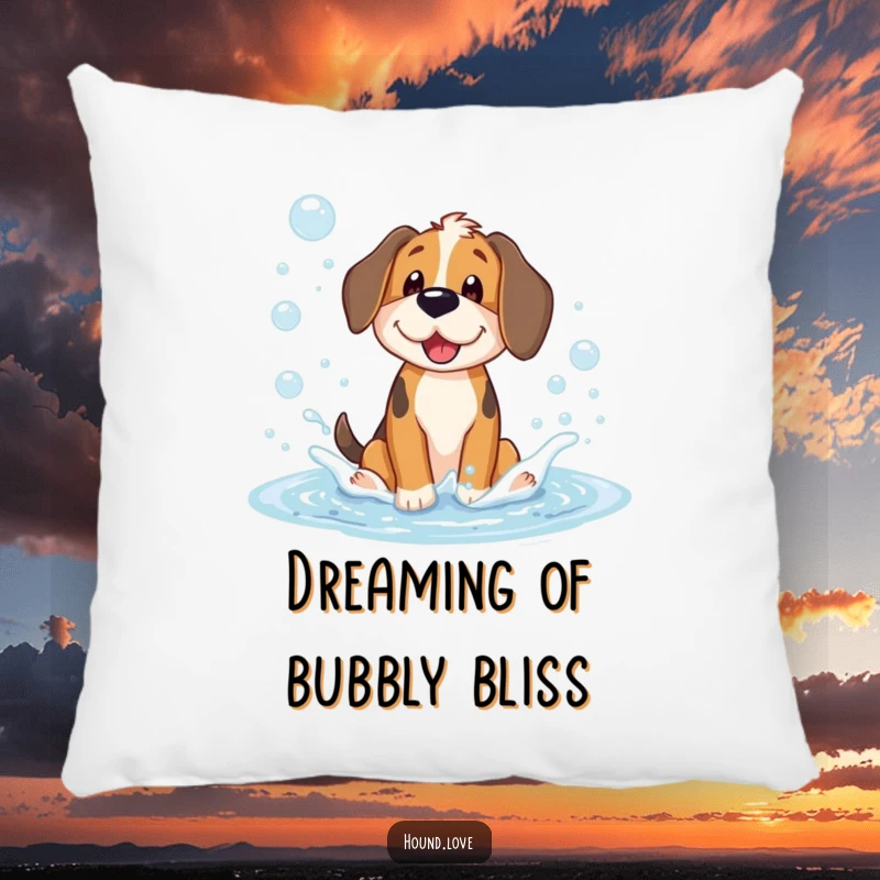Funny pillow design featuring an adorable hound dog character gleefully splashing in a large puddle filled with shimmering soap bubbles, adding humor.