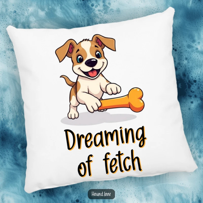 Funny hound pillow, a playful dog in a pounce ready to fetch a rolling bone, soft and humorous.