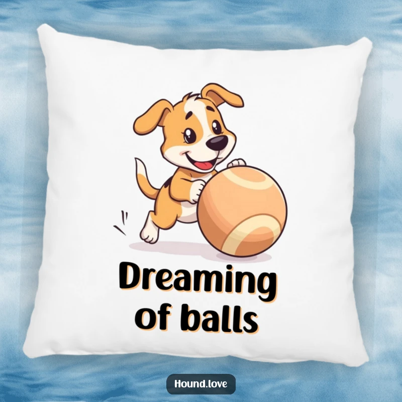 Funny Pillow: Hound character playfully chases a huge wobbly ball, soft cushion for dog lovers.