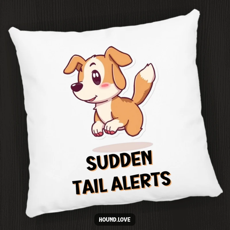 Funny hound pillow showing a surprised dog character recoiling from its own wagging tail, perfect for soft, humorous relaxation.