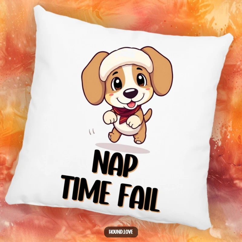 Funny pillow showcasing a playful hound character tripping adorably while wearing oversized, floppy ear muffs, adding humor to any room.