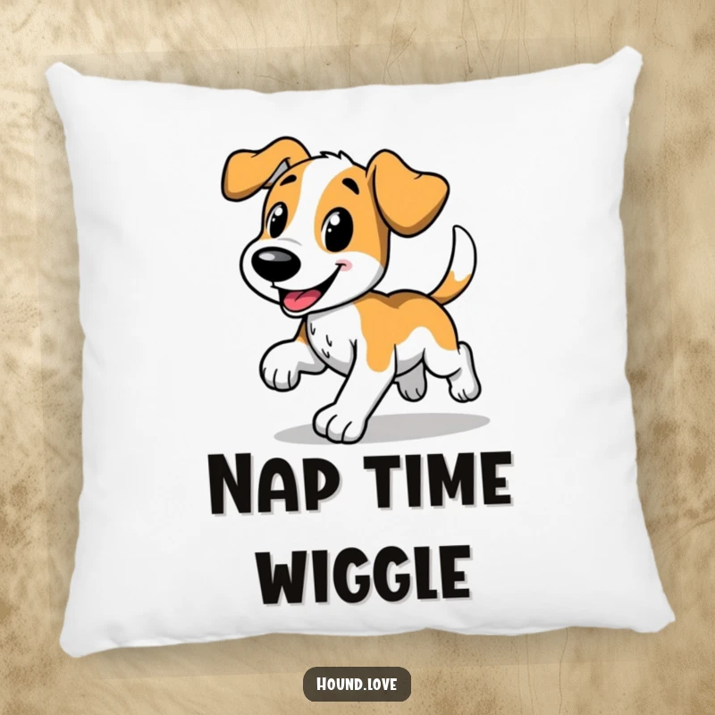 Funny pillow with a happy hound dog doing a comical trot, wagging tail, soft and decorative cushion, perfect funny gift for comfort lovers.