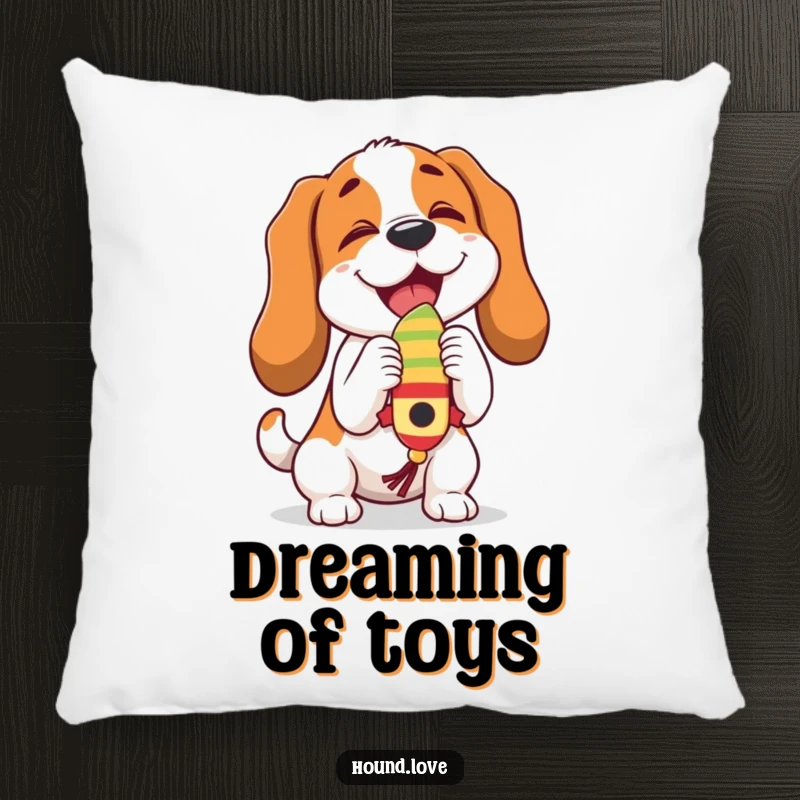 Funny hound character joyfully butting a dangling, wiggling toy, depicted humorously on this soft and cozy pillow.