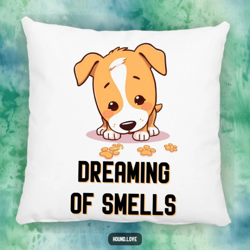 Funny Pillow showing a playful hound sniffing the ground, leaving a trail of sparkling paw prints, perfect for cozying up.