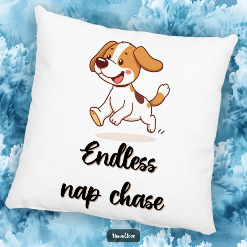 Funny tripping hound pillow featuring a dog hilariously tripping while chasing its tail. A soft, humorous gift.