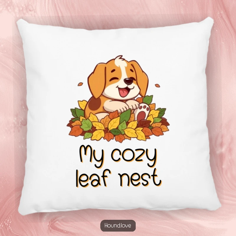Funny pillow design featuring an adorable hound dog character joyfully rolling in a large pile of colorful autumn leaves, bringing seasonal cheer.