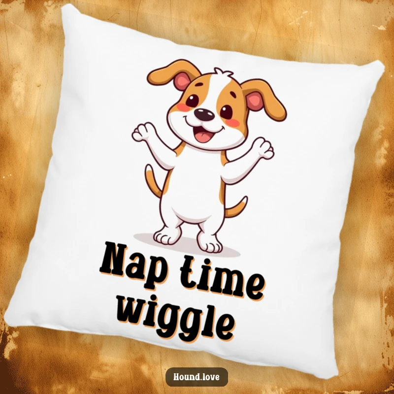 Soft, plush pillow featuring a funny hound dog in the midst of a hilarious, ecstatic wiggle dance.