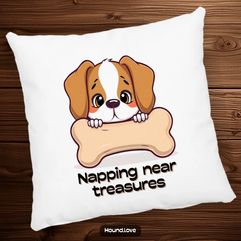 Funny hound peeking with curiosity from behind a giant, talking bone, featured on a soft, decorative pillow for ultimate comfort and humor.