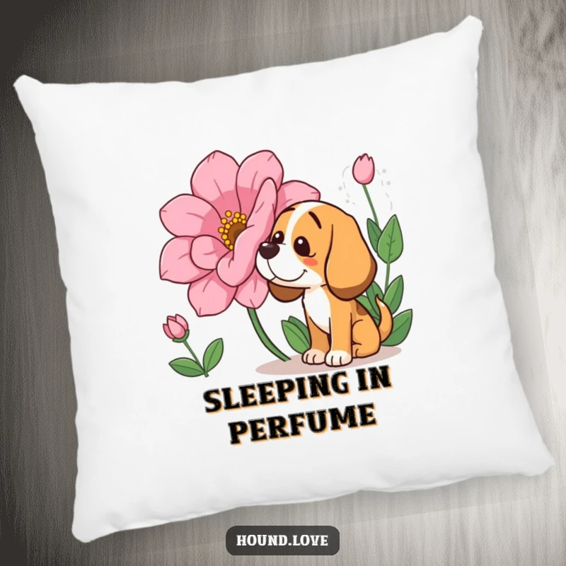 Funny Pillow: A content hound character joyfully sniffing a large, colorful flower, embodying a sweet and funny appreciation for nature.