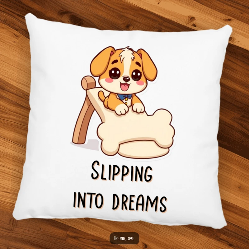 Funny hound pillow with a giddy dog character sliding down a massive bone-shaped slide, perfect for soft, humorous comfort.
