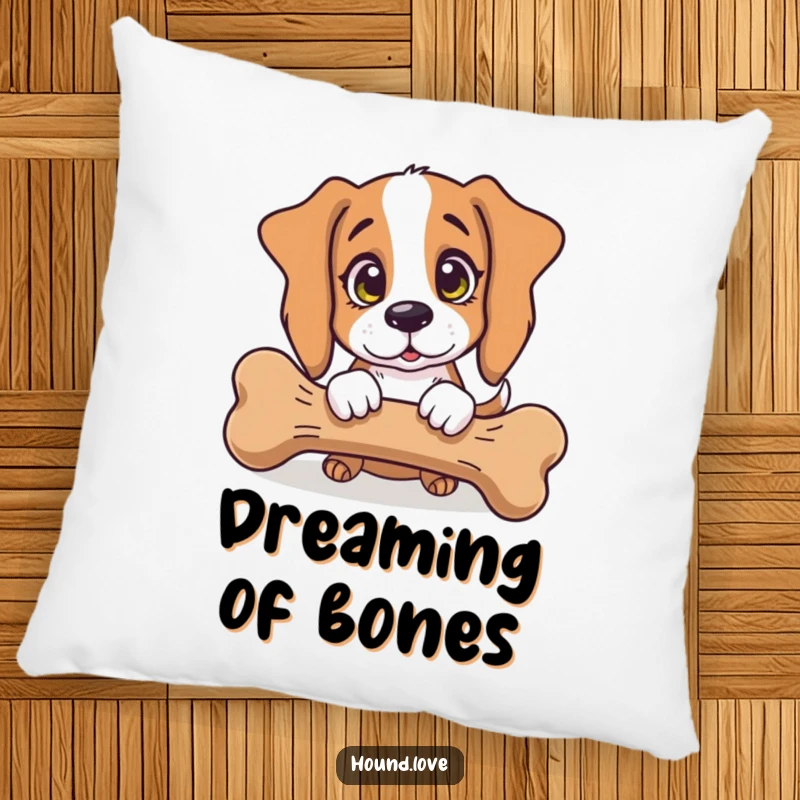 Funny Pillow: A soft cushion featuring a hound dog with innocent eyes playfully nudging a giant bone, bringing cozy humor.