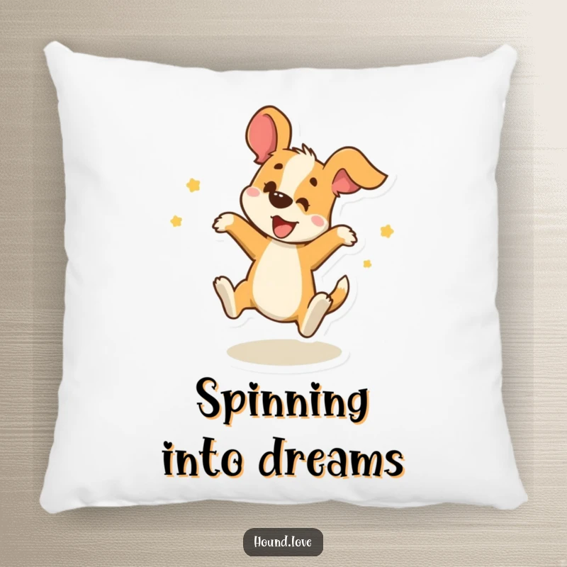 Funny Pillow: A joyous hound spins in delightful circles, offering comfort and a touch of hilarious, playful energy.
